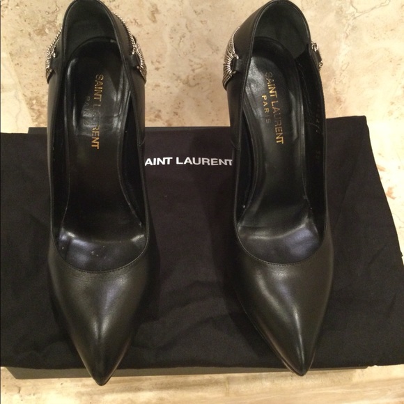 SAINT LAURENT BLACK LEATHER JANIS CHAIN PLATFORM  PUMPS SIZE 38 1/2 - Picture 5 of 6